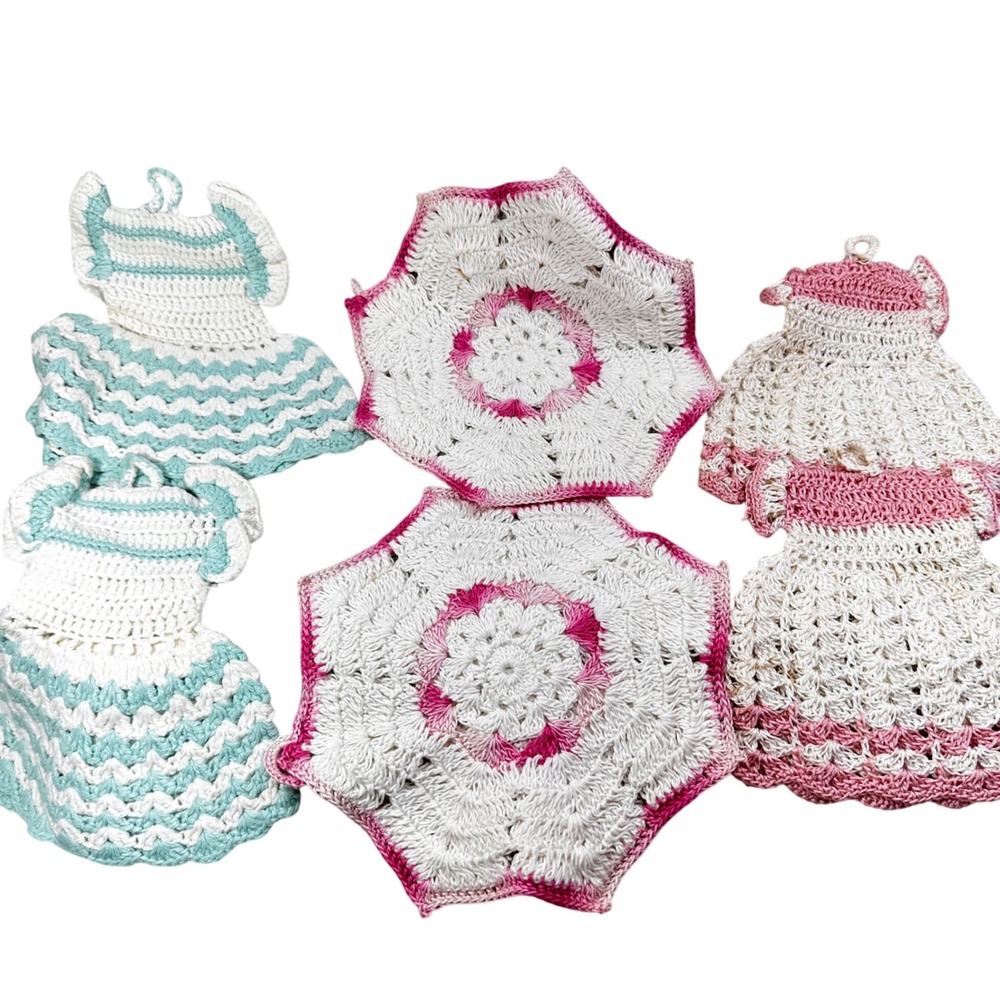 Vintage Handmade Crochet Dress Umbrella Potholder Set Pink Blue Cottagecore 6pc